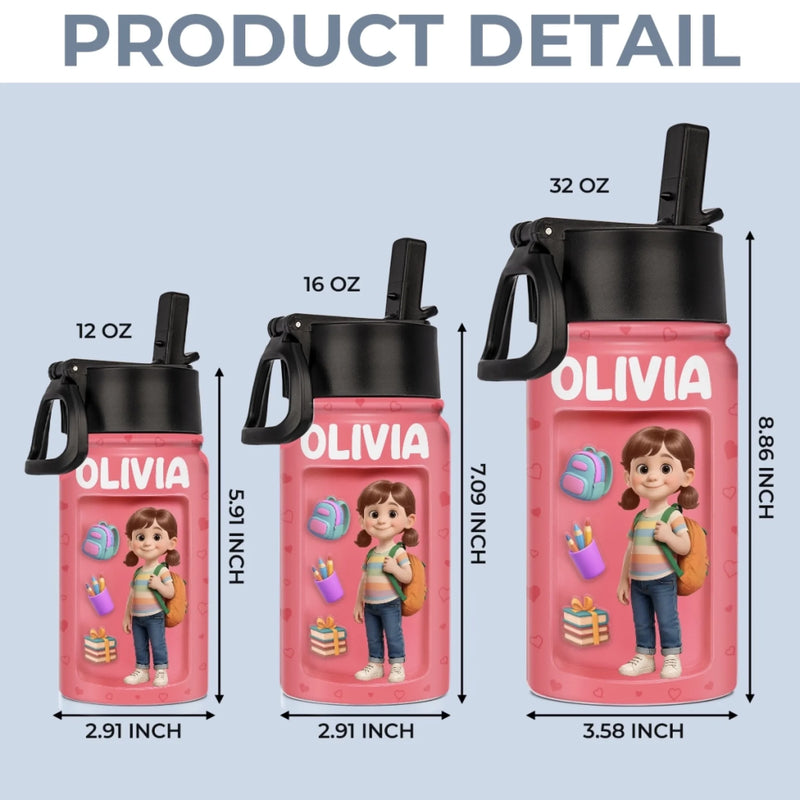 Custom 3D Inflated Effect Printed Kids Water Bottle - Personalized Back To School Gifts For Kids - Backpack Adventures Start With A Sip