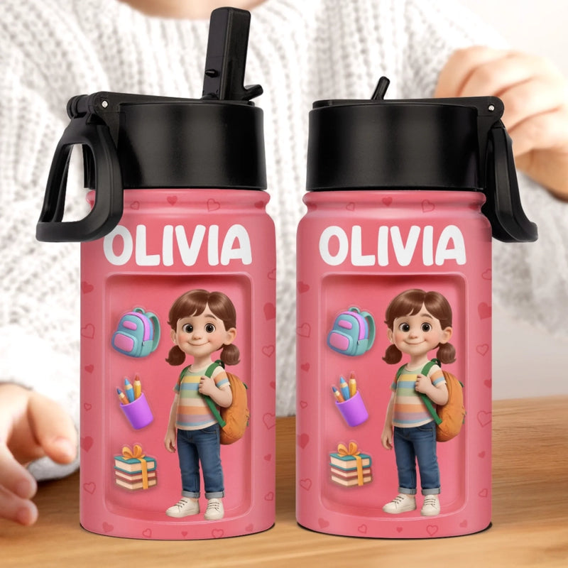 Custom 3D Inflated Effect Printed Kids Water Bottle - Personalized Back To School Gifts For Kids - Backpack Adventures Start With A Sip