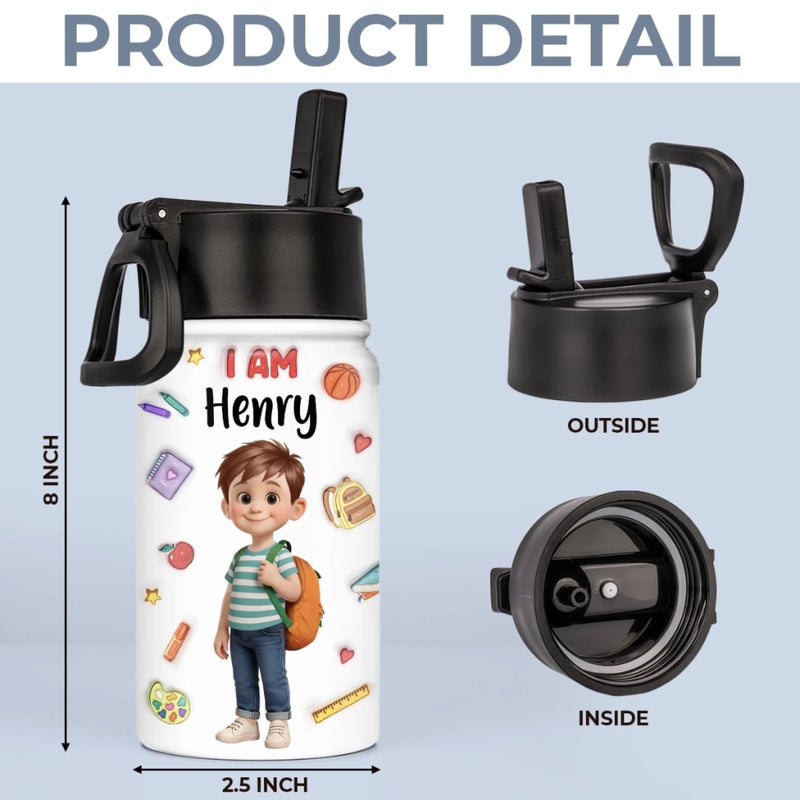 Custom 3D Inflated Effect Printed Kids Water Bottle - Personalized Back To School Gifts For Kids - I Am Brave Bold And Smart