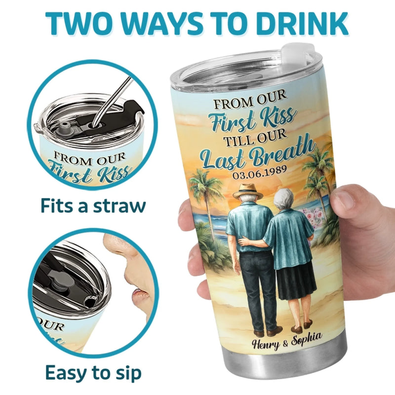 Custom Tumbler - Personalized Anniversary Wedding Gifts For Husband And Wife, Him And Her - First Kiss, Endless Love Journey
