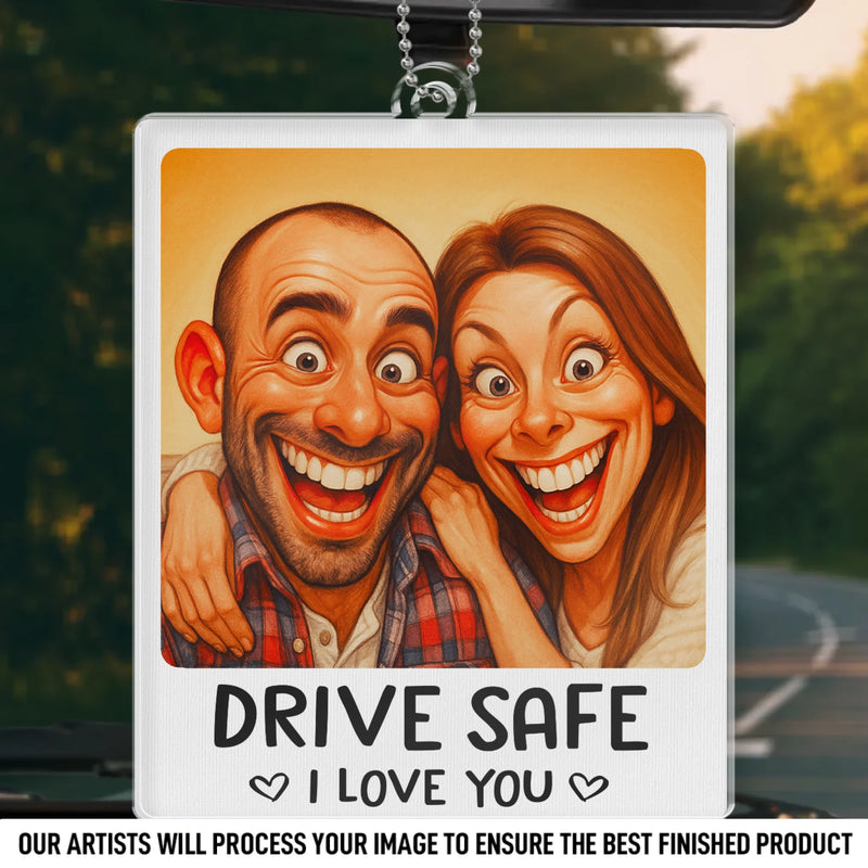 Custom Photo Funny Caricature Acrylic Car Ornament - Personalized Anniversary Wedding Gifts For Husband And Wife, Him And Her - Safe Driver, Happy Lover