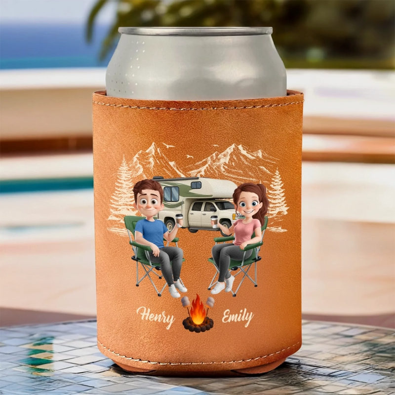 Custom Leather Can Cooler - Personalized Anniversary Wedding Gifts For Campers, Husband And Wife, Him And Her - Cheers To S’more Adventures