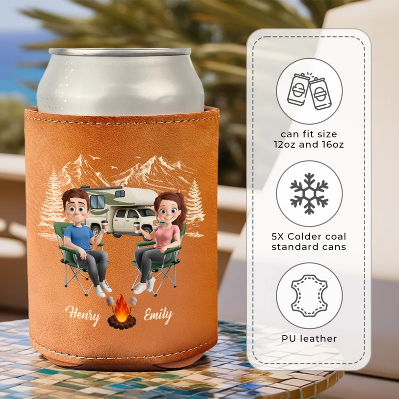Custom Leather Can Cooler - Personalized Anniversary Wedding Gifts For Campers, Husband And Wife, Him And Her - Cheers To S’more Adventures