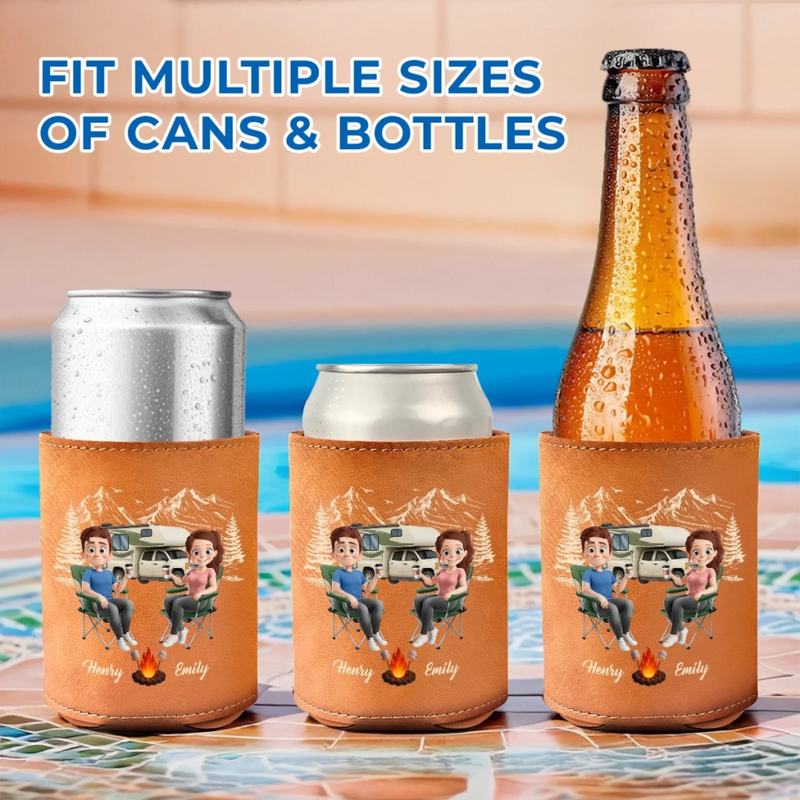 Custom Leather Can Cooler - Personalized Anniversary Wedding Gifts For Campers, Husband And Wife, Him And Her - Lost In The Woods, Found A Beer