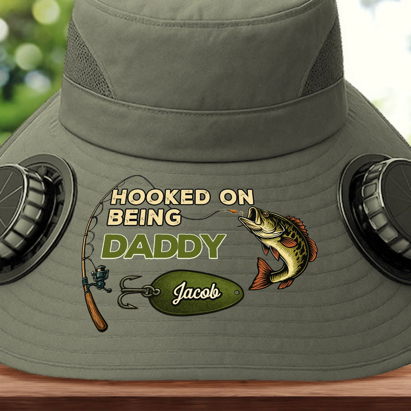 Custom Hat With Fans Solar Power - Personalized Birthday Fishing Gifts For Fisherman, Dad, Grandpa - Hooked On Being Daddy