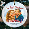 Custom Photo Funny Caricature Ceramic Ornament - Personalized Anniversary Christmas Wedding Gifts For Husband And Wife, Him And Her - Survived Our First Christmas As Mr And Mrs