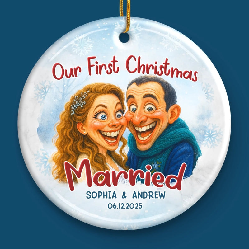 Custom Photo Funny Caricature Ceramic Ornament - Personalized Anniversary Christmas Wedding Gifts For Husband And Wife, Him And Her - Survived Our First Christmas As Mr And Mrs