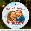Custom Photo Funny Caricature Ceramic Ornament - Personalized Anniversary Christmas Wedding Gifts For Husband And Wife, Him And Her - Survived Our First Christmas As Mr And Mrs