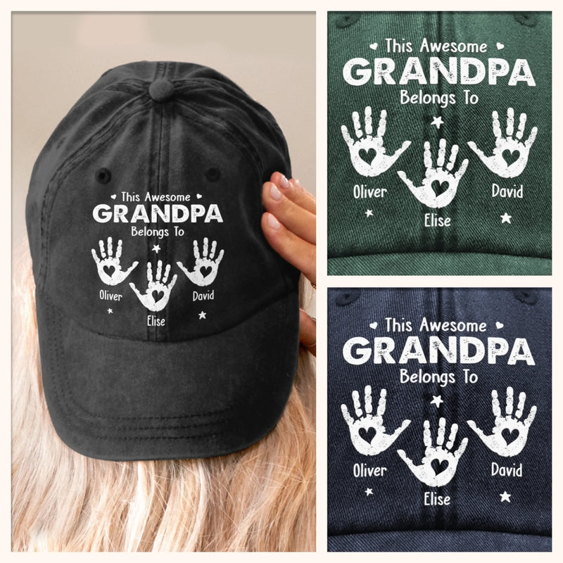 Custom Vintage Washed Denim Baseball Cap - Personalized Birthday Gifts For Dad, Grandpa - Proud Grandpa Of Little Hands