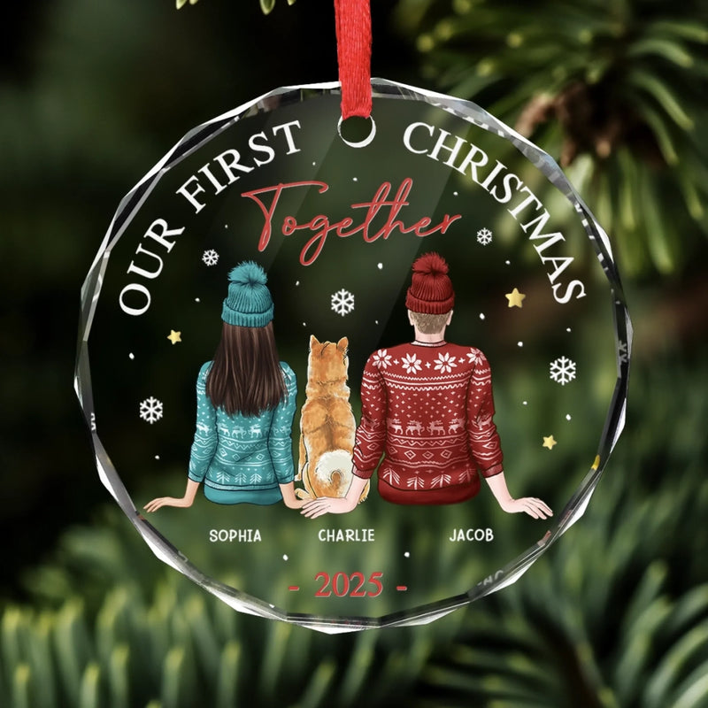 We're Together - Dog & Cat Personalized Custom Circle Glass Ornament - Christmas Gift For Husband Wife, Anniversary, First Christmas, Pet Owners, Pet Lovers