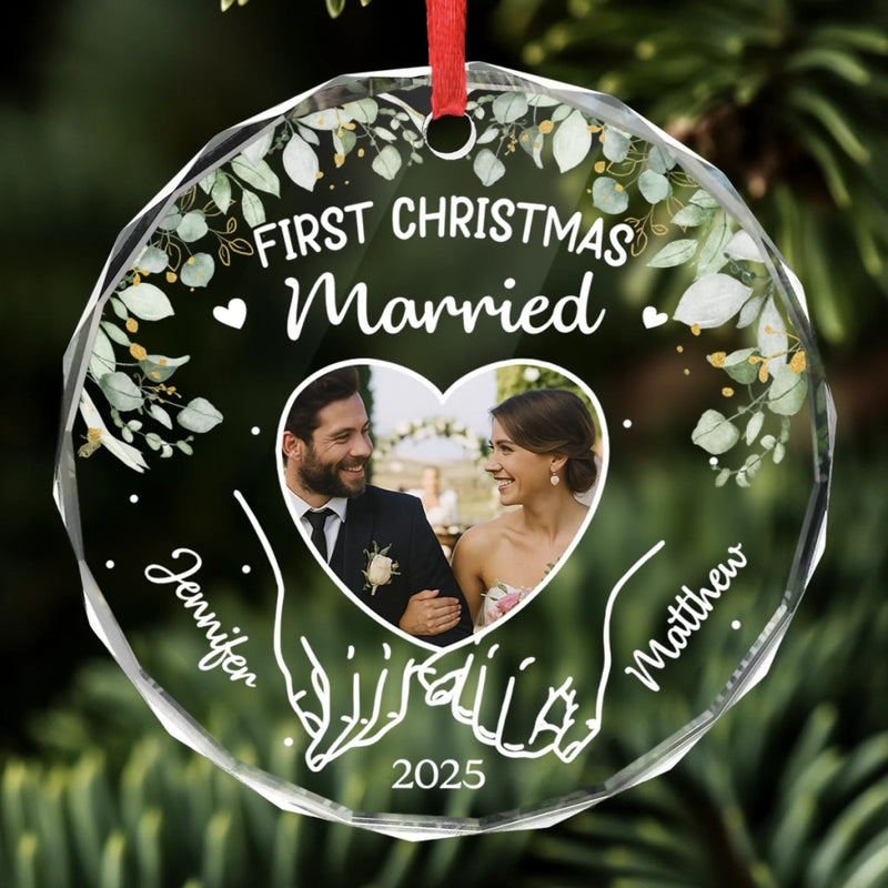 Custom Photo Circle Glass Ornament - Personalized Anniversary Christmas Wedding Gifts For Husband And Wife, Him And Her - Wrapped In Love, Tied With Joy