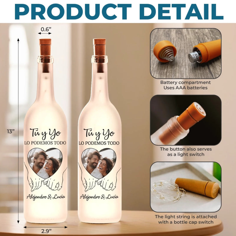 Lampara de Botella con Foto Personalizada - Regalos Personalizados de Aniversario y Boda para Esposo y Esposa, El y Ella - Contigo Todo Es Mejor