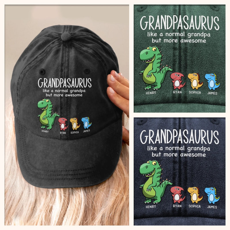 Custom Name Grandpasaurus Gifts for Grandpa - Personalized Washed Baseball Cap
