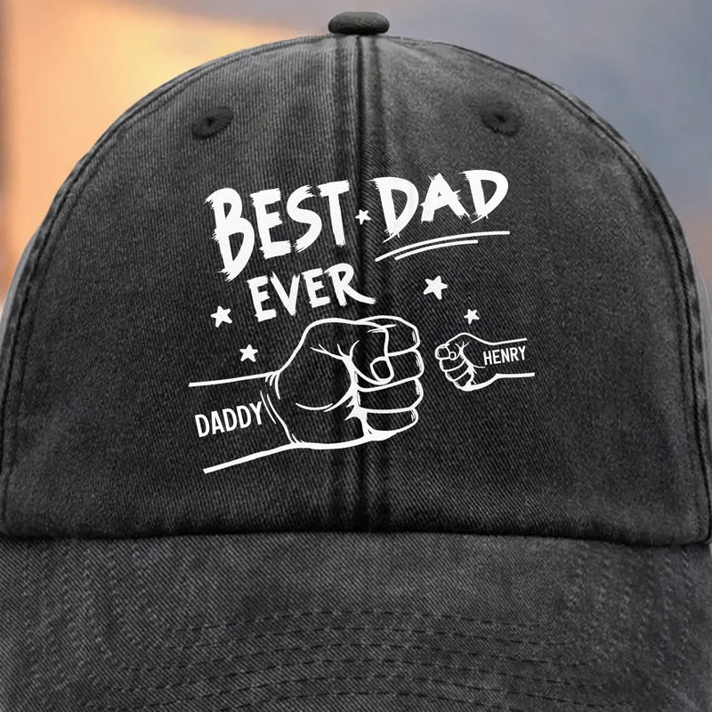 Hands Down, World's Best Dad - Family Personalized Custom Vintage Washed Denim Baseball Cap - Father's Day, Gift For Dad, Grandpa, Family Members