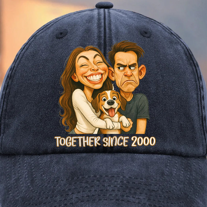 Custom Vintage Washed Denim Baseball Cap - Personalized Anniversary Wedding Gifts For Husband And Wife, Dog Cat Lovers - Together Since
