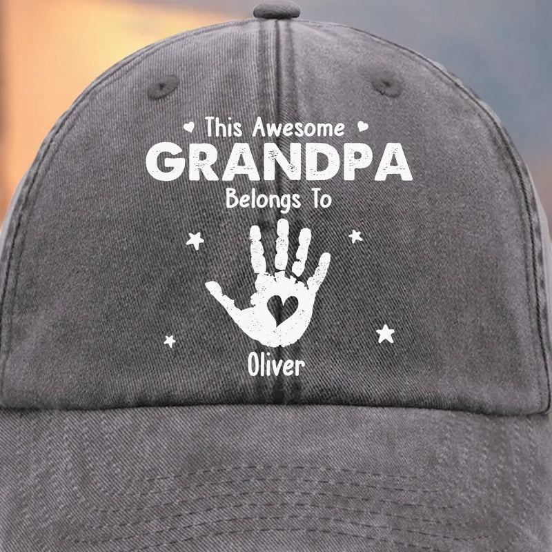 Custom Vintage Washed Denim Baseball Cap - Personalized Birthday Gifts For Dad, Grandpa - Proud Grandpa Of Little Hands