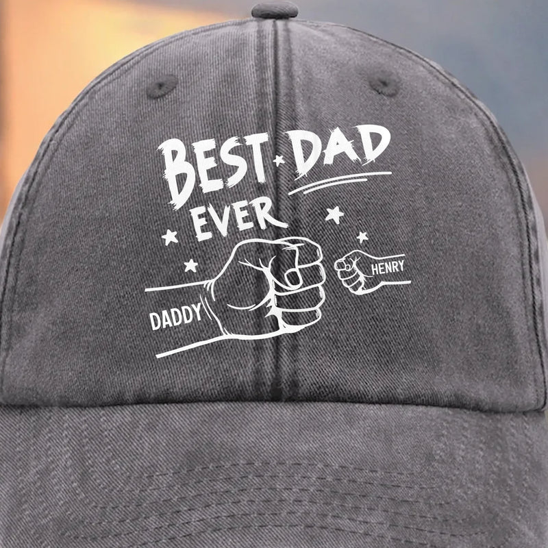 Hands Down, World's Best Dad - Family Personalized Custom Vintage Washed Denim Baseball Cap - Father's Day, Gift For Dad, Grandpa, Family Members