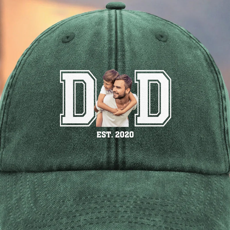 Custom Photo Powered By Love - Family Personalized Custom Vintage Washed Denim Baseball Cap - Father's Day, Gift For Dad