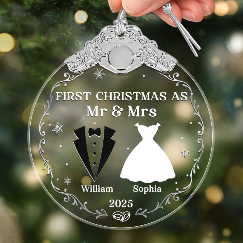 Custom Name First Christmas as Mr & Mrs Gifts - Personalized Metal Top Glass Ornament