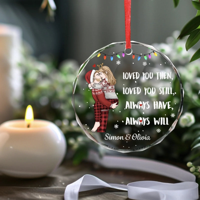 Custom Circle Glass Ornament - Personalized Anniversary Christmas Wedding Gifts For Husband And Wife, Him And Her - Our Forever Starts With A Kiss