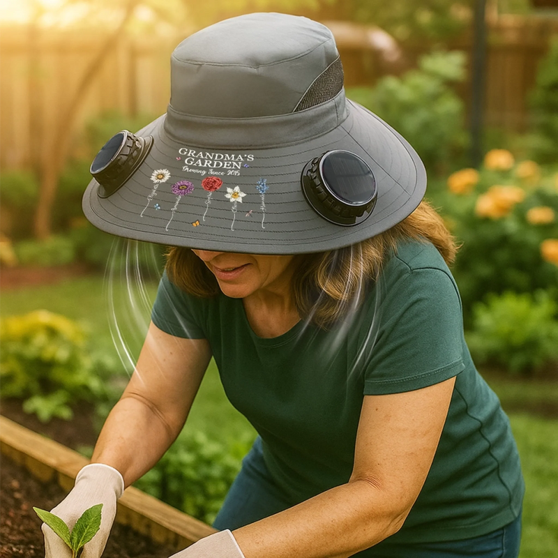 Custom Hat With Fans Solar Power - Personalized Garden Gifts For Gardeners, Mom, Grandma - Garden Of Love And Legacy