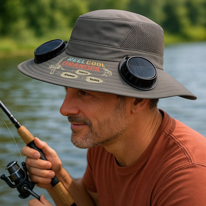 Custom Hat With Fans Solar Power - Personalized Birthday Fishing Gifts For Fisherman, Dad, Grandpa - Reel Cool Grandpa