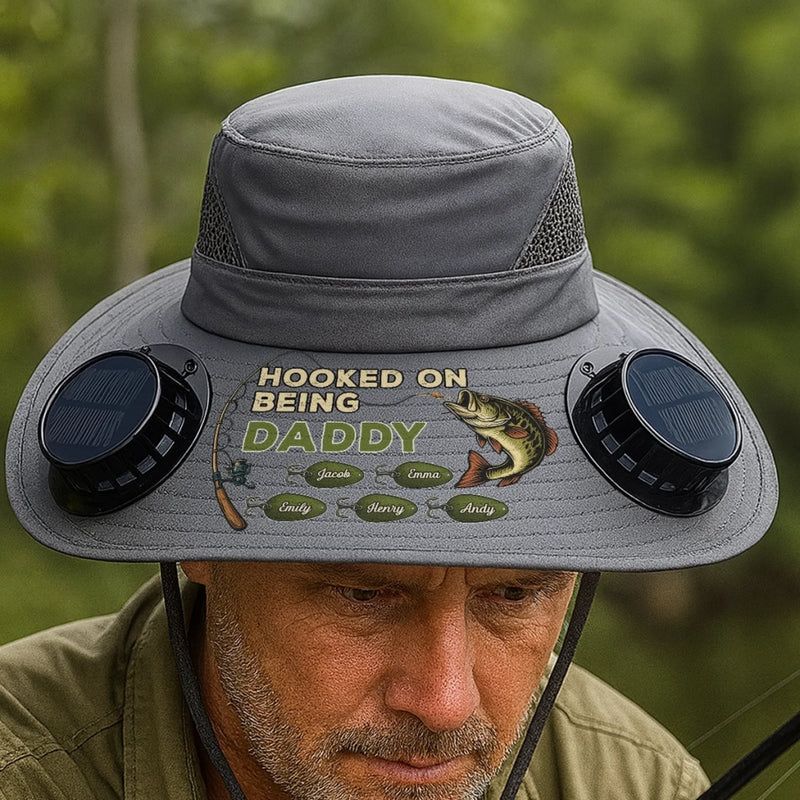 Custom Hat With Fans Solar Power - Personalized Birthday Fishing Gifts For Fisherman, Dad, Grandpa - Hooked On Being Daddy