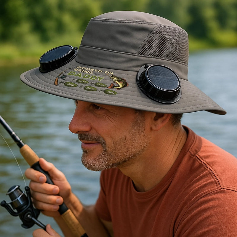 Custom Hat With Fans Solar Power - Personalized Birthday Fishing Gifts For Fisherman, Dad, Grandpa - Hooked On Being Daddy