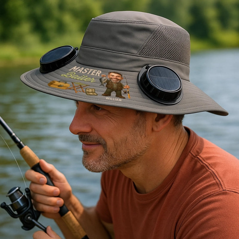 Custom Photo Hat With Fans Solar Power - Personalized Birthday Fishing Gifts For Fisherman, Dad, Grandpa - Reel Legends Never Die