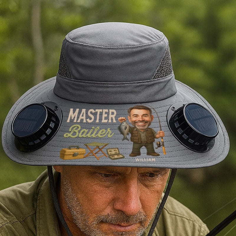Custom Photo Hat With Fans Solar Power - Personalized Birthday Fishing Gifts For Fisherman, Dad, Grandpa - Reel Legends Never Die