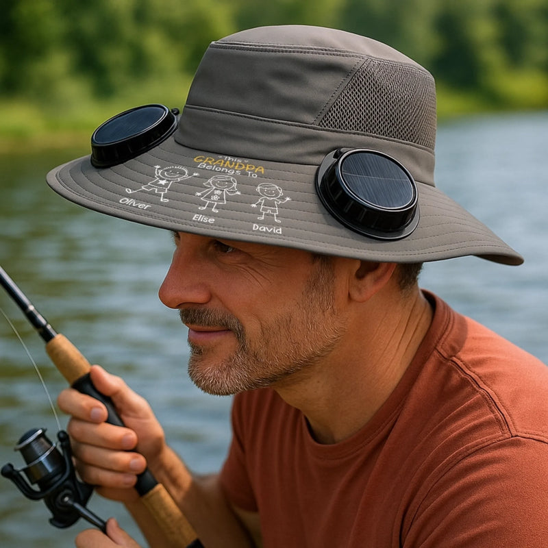 Custom Hat With Fans Solar Power - Personalized Birthday Fishing Gifts For Fisherman, Dad, Grandpa - Grandpa Belongs To Kids