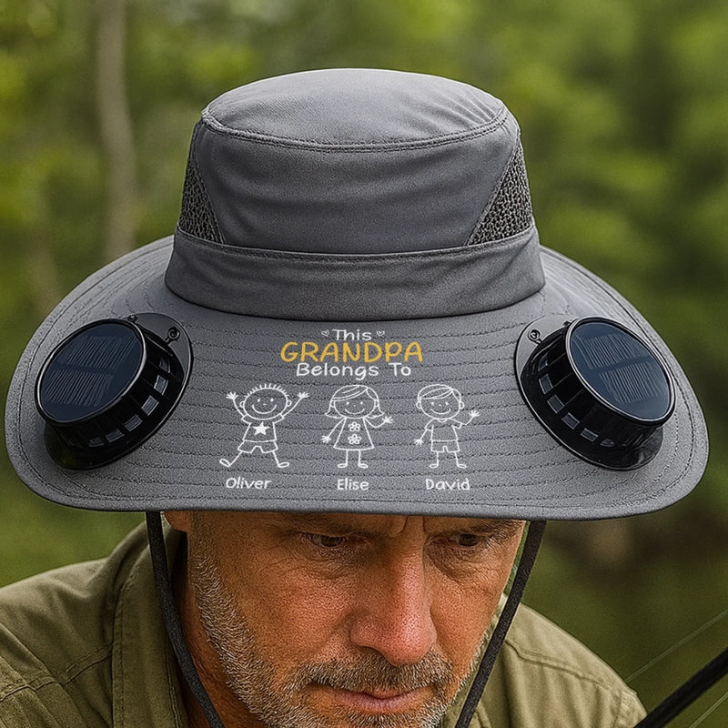 Custom Hat With Fans Solar Power - Personalized Birthday Fishing Gifts For Fisherman, Dad, Grandpa - Grandpa Belongs To Kids