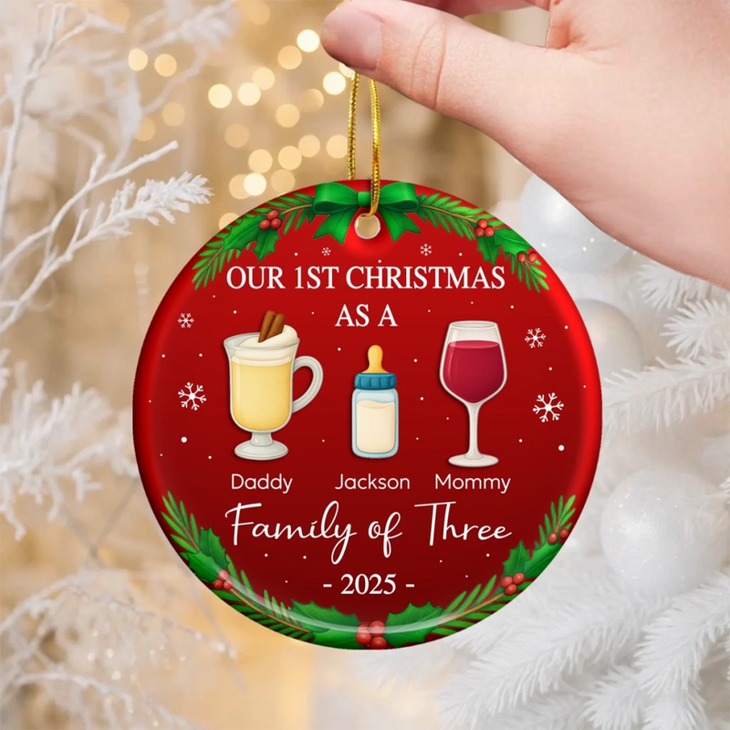 Custom Ceramic Ornament - Personalized Christmas Birthday Gifts For Mom, Dad, Kids - Our First Christmas As A Family