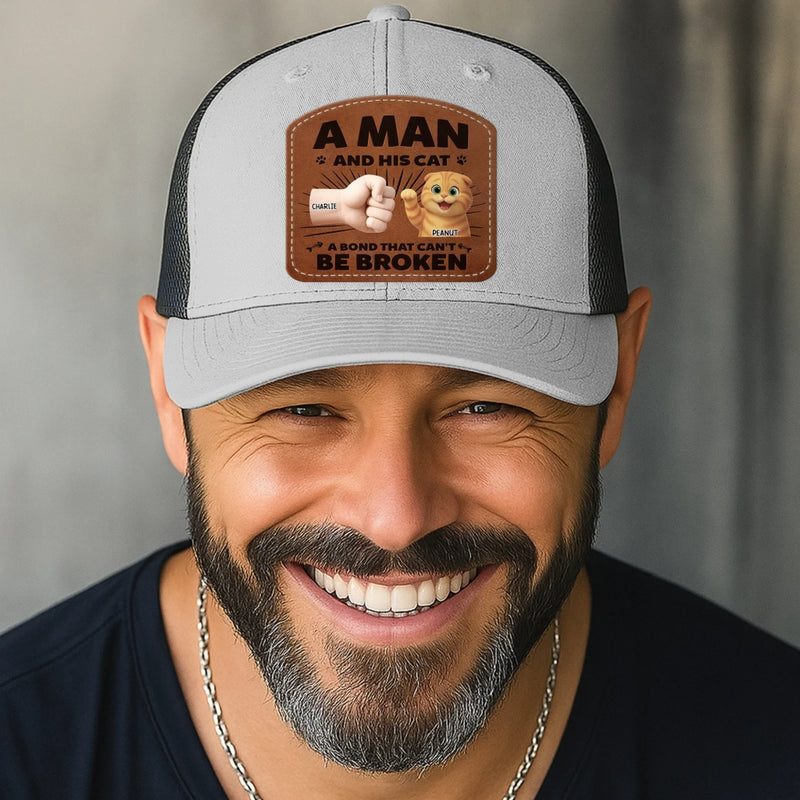 Custom Name Man and His Cat Gifts - Personalized Custom Shaped Leather Patch Cap