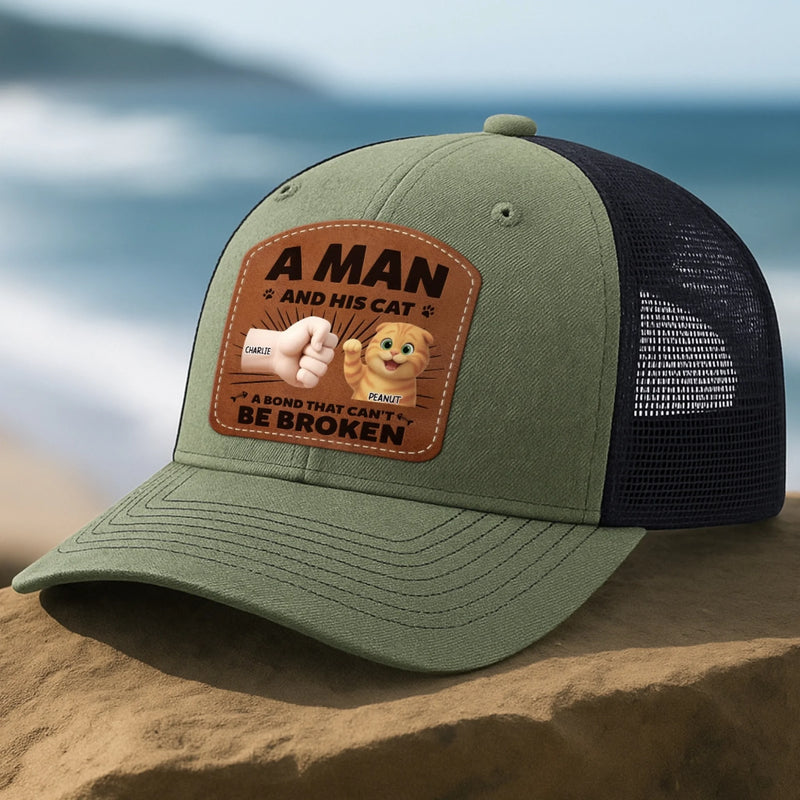 Custom Name Man and His Cat Gifts - Personalized Custom Shaped Leather Patch Cap