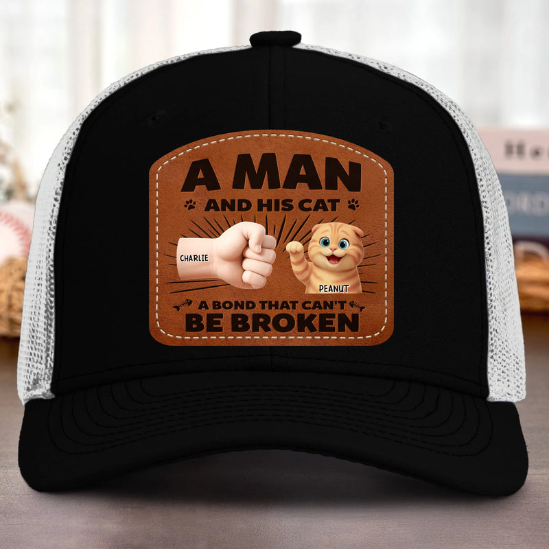 Custom Name Man and His Cat Gifts - Personalized Custom Shaped Leather Patch Cap