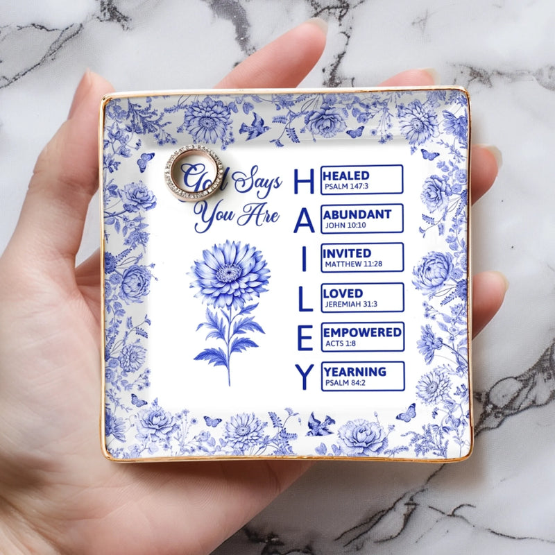 Custom Name Christian Floral Scripture Gift - Personalized Full-print Jewelry Dish