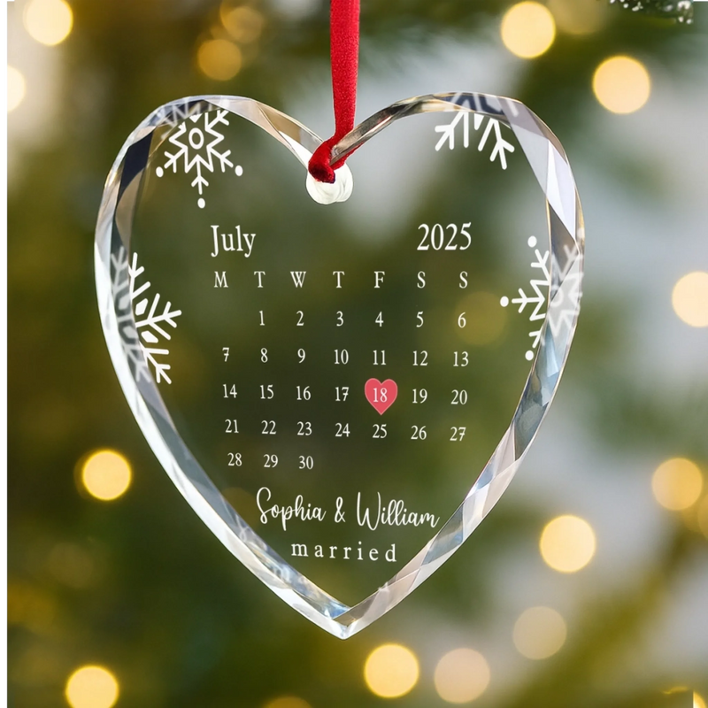 Custom Heart Glass Ornament - Personalized Anniversary Christmas Wedding Gifts For Husband And Wife, Him And Her - Married And Merry