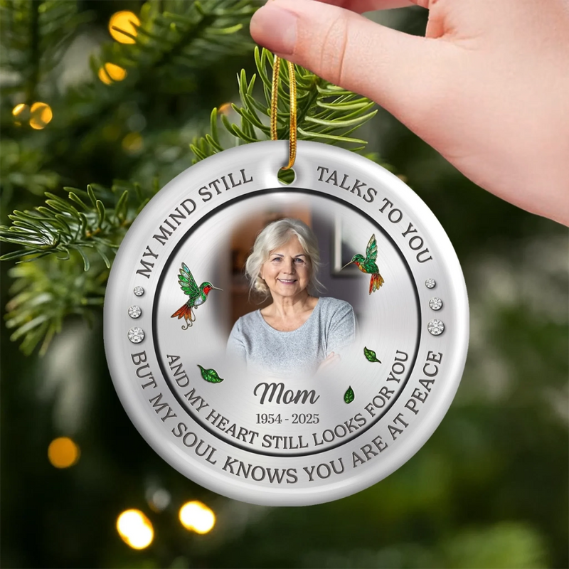 Custom Photo Ceramic Ornament - Personalized Christmas Memorial Sympathy Gifts For Loss Of Mom, Dad - Forever Connected, Heart To Heart