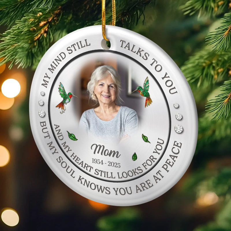 Custom Photo Ceramic Ornament - Personalized Christmas Memorial Sympathy Gifts For Loss Of Mom, Dad - Forever Connected, Heart To Heart