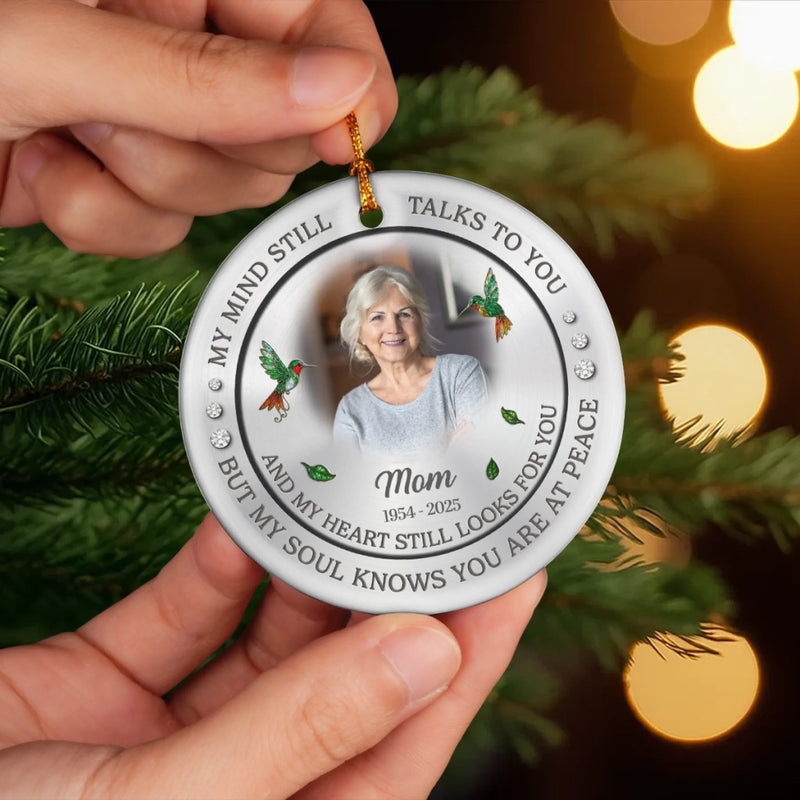 Custom Photo Ceramic Ornament - Personalized Christmas Memorial Sympathy Gifts For Loss Of Mom, Dad - Forever Connected, Heart To Heart