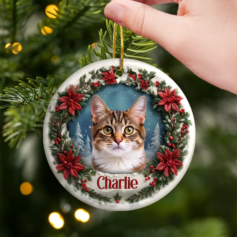 Custom Pet Photo Christmas Gifts for Cat Lovers - Personalized Ceramic Ornament