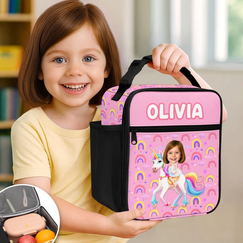 Custom Photo Name Unicorn Gifts for Kids - Personalized Front-Zip Lunch Bag