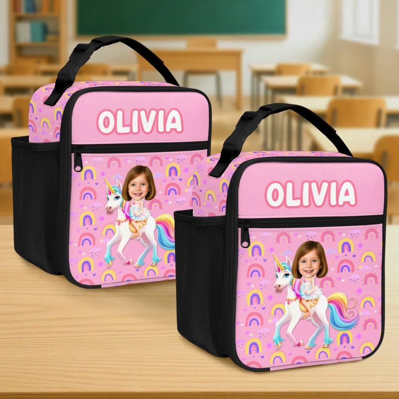 Custom Photo Name Unicorn Gifts for Kids - Personalized Front-Zip Lunch Bag