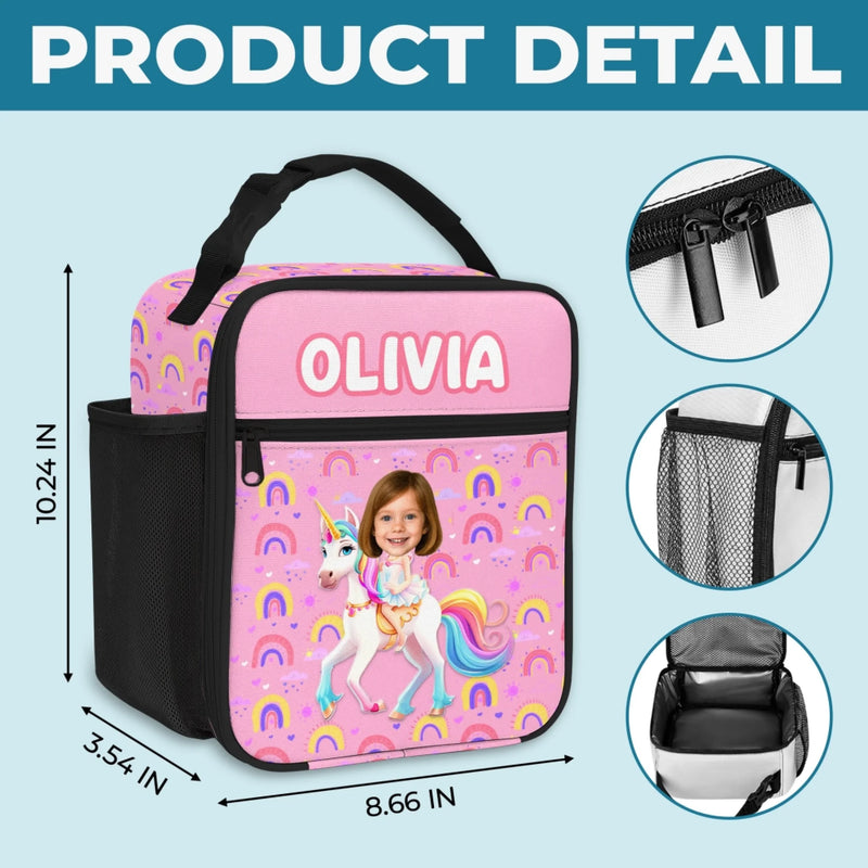 Custom Photo Name Unicorn Gifts for Kids - Personalized Front-Zip Lunch Bag