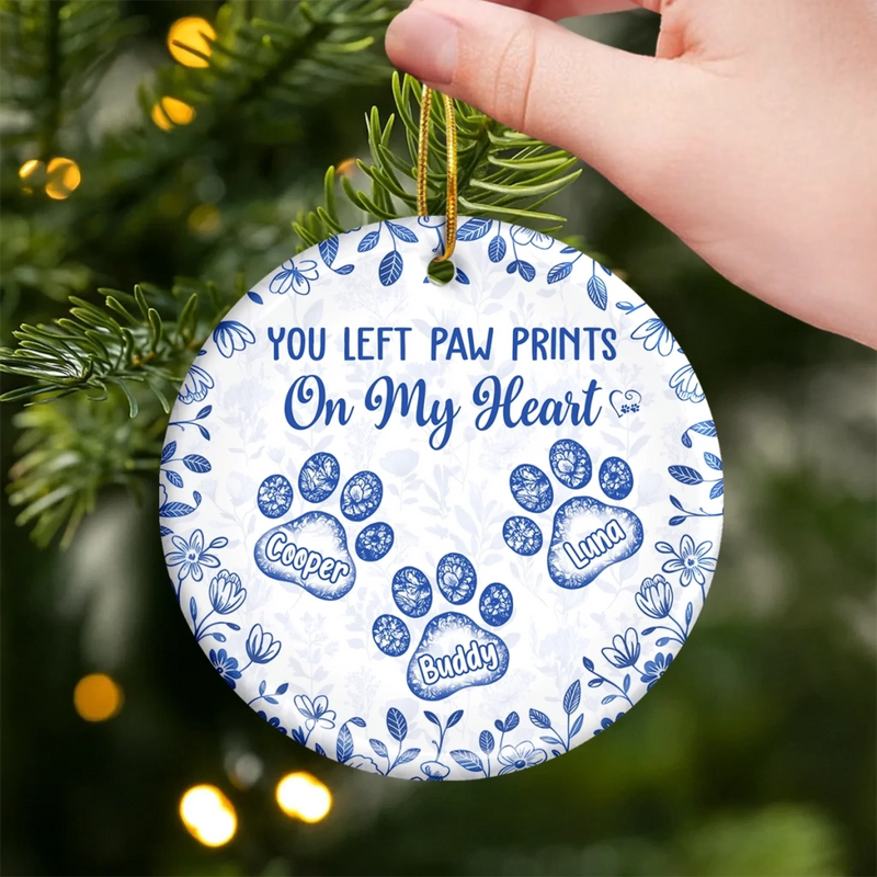 Custom Ceramic Ornament - Personalized Christmas Memorial Sympathy Gifts For Dogs, Cats - Paw Prints Etched In Love