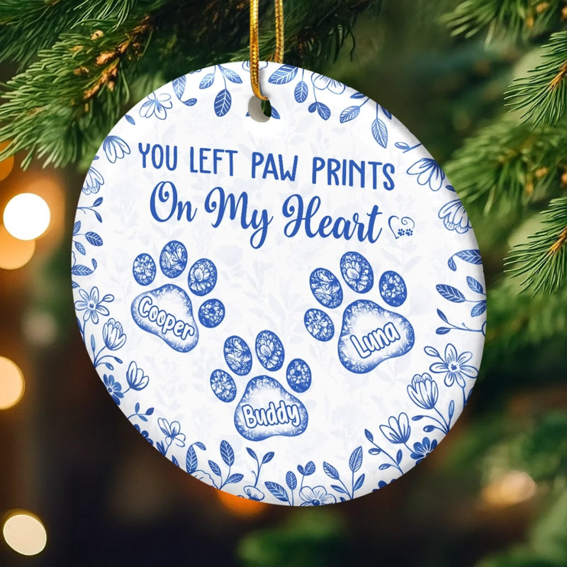 Custom Ceramic Ornament - Personalized Christmas Memorial Sympathy Gifts For Dogs, Cats - Paw Prints Etched In Love