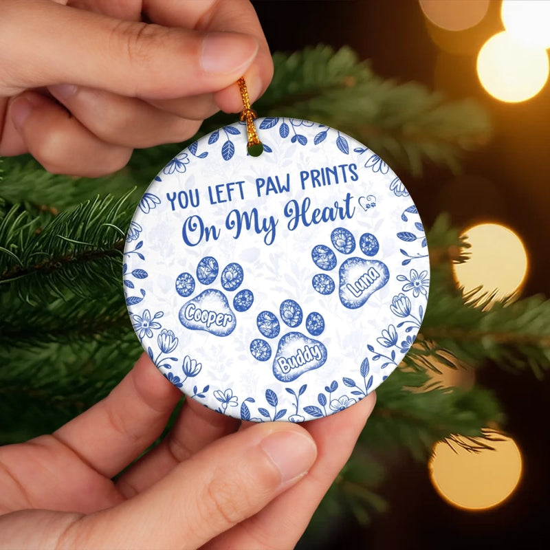 Custom Ceramic Ornament - Personalized Christmas Memorial Sympathy Gifts For Dogs, Cats - Paw Prints Etched In Love