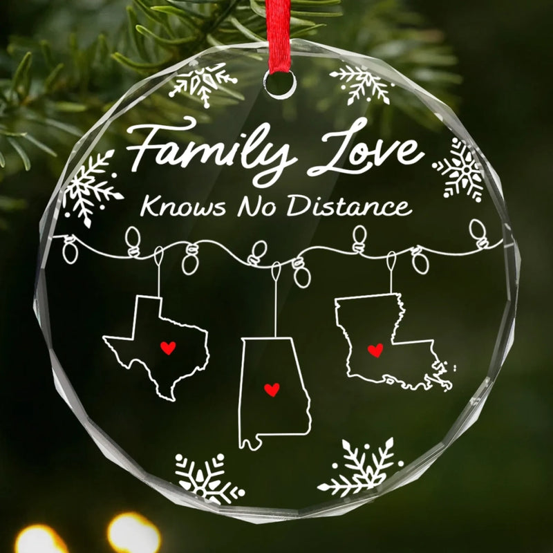 Custom Long Distance Circle Glass Ornament - Personalized Christmas Birthday Gifts For Mom, Dad, Kids - Across the Miles, Our Family Stays Strong