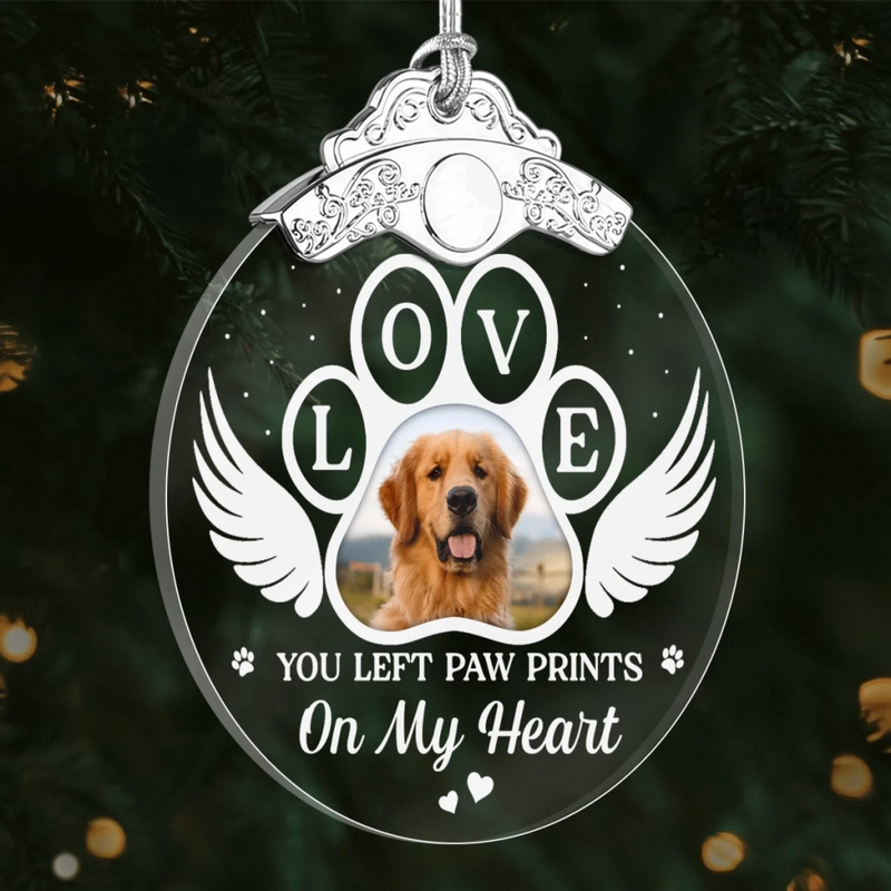 Custom Photo Glass Ornament - Personalized Pet Christmas Memorial Sympathy Gifts For Dogs, Cats - Paws Print Memories In Heart